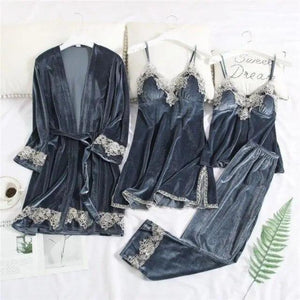 Trendy New Four Pieces Warm Winter Pajamas Sets Women Stylish Lace Robe Pajama Sleepwear Suit Sleeveless Nightwear Women's Sleepwear Set 4-Piece Women's Pajamas Elegant Comfortable Loungewear Satin Sleepwear with Robe Nightgown Pants