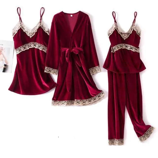 Trendy New Four Pieces Warm Winter Pajamas Sets Women Stylish Lace Robe Pajama Sleepwear Suit Sleeveless Nightwear Women's Sleepwear Set 4-Piece Women's Pajamas Elegant Comfortable Loungewear Satin Sleepwear with Robe Nightgown Pants