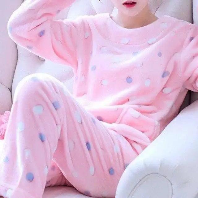 Trendy Pajama Women Thick Flannel Warm Female Winter Pajama Set Long Sleeve Full Trousers Two Piece Pajamas  Cartoon Pajamas Women Pajamas Set Sleepwear Autumn Plus Size Top Long Pant Sleepwear Girls Pajamas