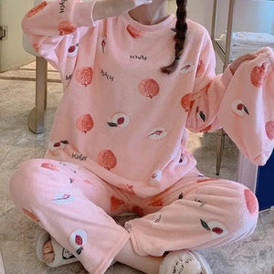 Trendy Pajama Women Thick Flannel Warm Female Winter Pajama Set Long Sleeve Full Trousers Two Piece Pajamas  Cartoon Pajamas Women Pajamas Set Sleepwear Autumn Plus Size Top Long Pant Sleepwear Girls Pajamas