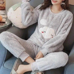 Trendy Pajama Women Thick Flannel Warm Female Winter Pajama Set Long Sleeve Full Trousers Two Piece Pajamas  Cartoon Pajamas Women Pajamas Set Sleepwear Autumn Plus Size Top Long Pant Sleepwear Girls Pajamas