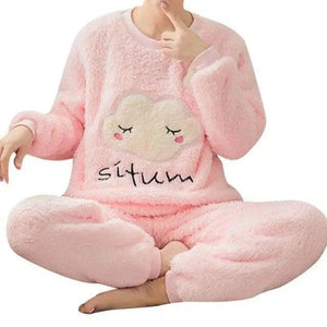 Trendy Pajama Women Thick Flannel Warm Female Winter Pajama Set Long Sleeve Full Trousers Two Piece Pajamas  Cartoon Pajamas Women Pajamas Set Sleepwear Autumn Plus Size Top Long Pant Sleepwear Girls Pajamas