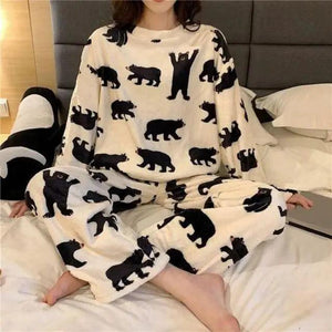 Trendy Pajama Women Thick Flannel Warm Female Winter Pajama Set Long Sleeve Full Trousers Two Piece Pajamas  Cartoon Pajamas Women Pajamas Set Sleepwear Autumn Plus Size Top Long Pant Sleepwear Girls Pajamas