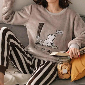 Trendy Pajama Women Thick Flannel Warm Female Winter Pajama Set Long Sleeve Full Trousers Two Piece Pajamas  Cartoon Pajamas Women Pajamas Set Sleepwear Autumn Plus Size Top Long Pant Sleepwear Girls Pajamas