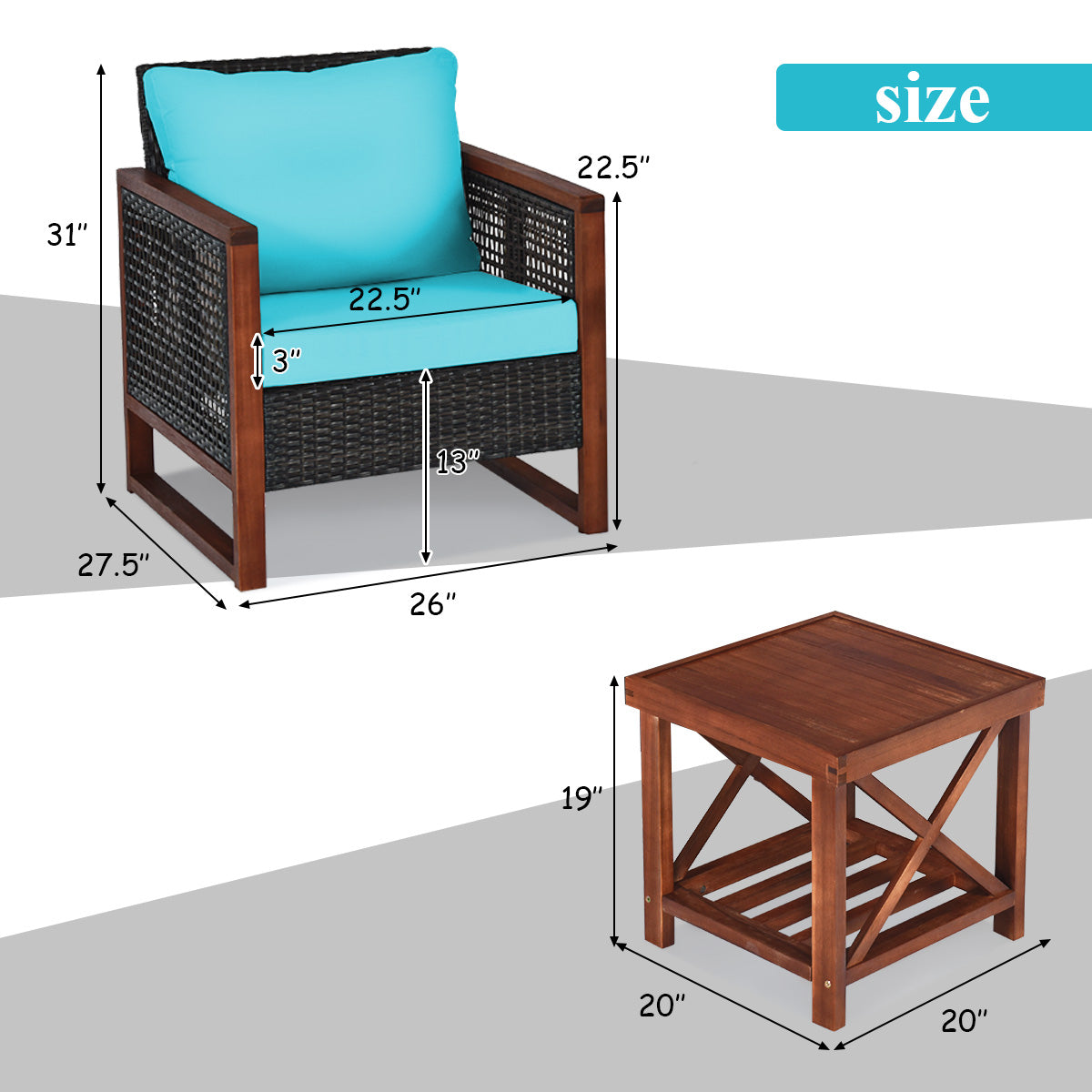 3 Pieces Patio Wicker Furniture Set with Washable Cushion and Acacia Wood Coffee Table-Beige