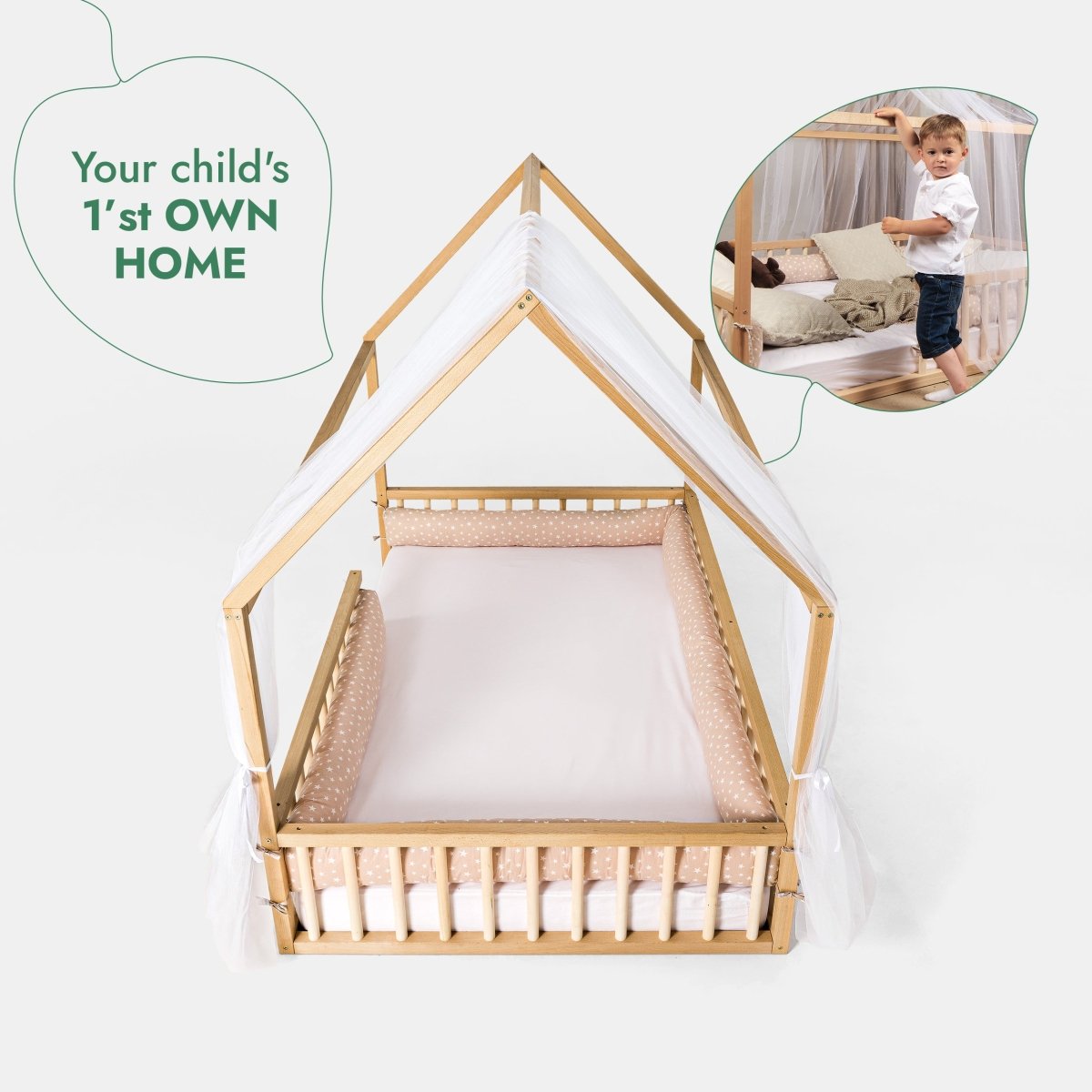 Montessori House Bed for Kids with Fence