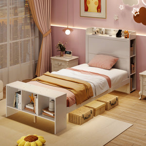 Twin Size Bed Frame with 2 USB Ports with Storage Headboard and Lights-Twin Size