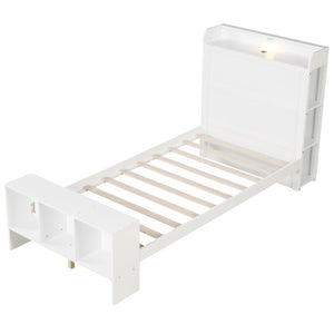 Twin Size Bed Frame with 2 USB Ports with Storage Headboard and Lights-Twin Size