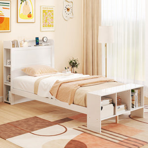 Twin Size Bed Frame with 2 USB Ports with Storage Headboard and Lights-Twin Size