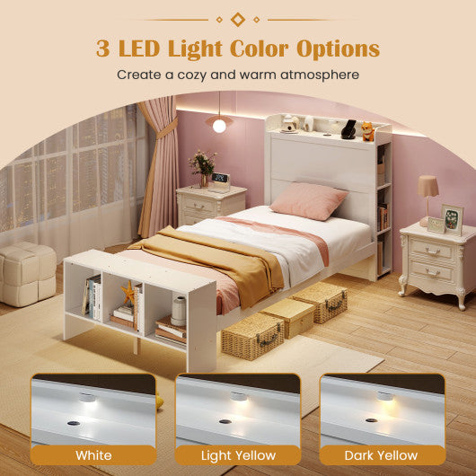 Twin Size Bed Frame with 2 USB Ports with Storage Headboard and Lights-Twin Size