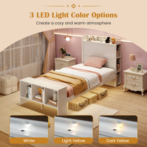 Twin Size Bed Frame with 2 USB Ports with Storage Headboard and Lights-Twin Size