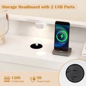 Twin Size Bed Frame with 2 USB Ports with Storage Headboard and Lights-Twin Size