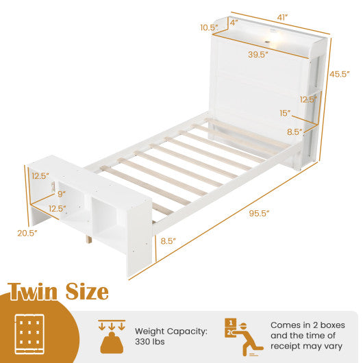 Twin Size Bed Frame with 2 USB Ports with Storage Headboard and Lights-Twin Size