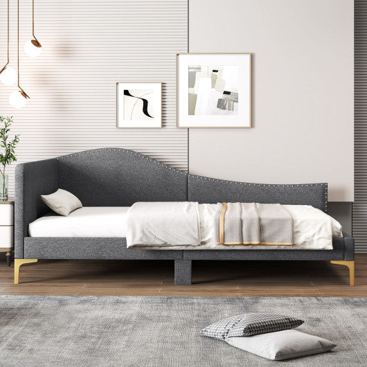 Full/Twin Size Rivet-Tufted Platform Bed with Metal Legs and Wood Slats-Twin Size