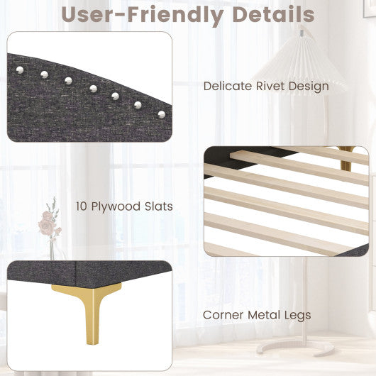 Full/Twin Size Rivet-Tufted Platform Bed with Metal Legs and Wood Slats-Twin Size