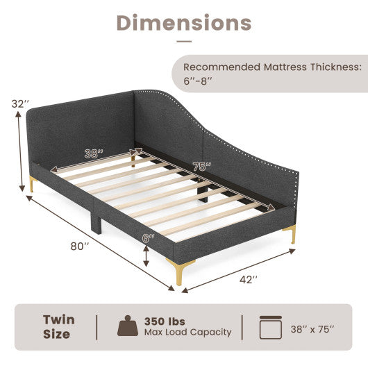 Full/Twin Size Rivet-Tufted Platform Bed with Metal Legs and Wood Slats-Twin Size