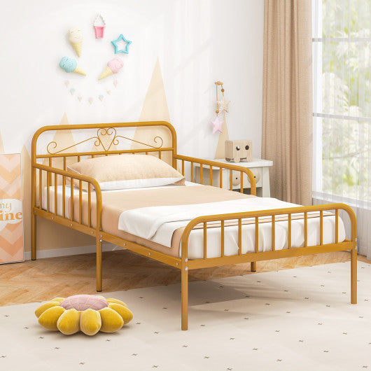 Twin Size Bed Frame with Headboard and Safety Side Guardrails-Gold