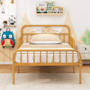 Twin Size Bed Frame with Headboard and Safety Side Guardrails-Gold