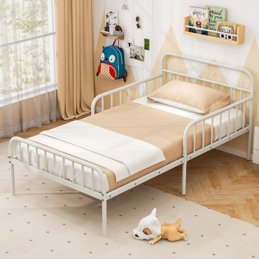 Twin Size Bed Frame with Headboard and Safety Side Guardrails-White