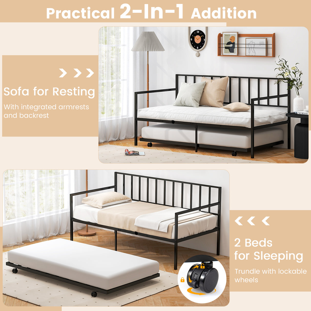 Twin Size Daybed and Trundle Frame Set Trundle Bedframe-Black
