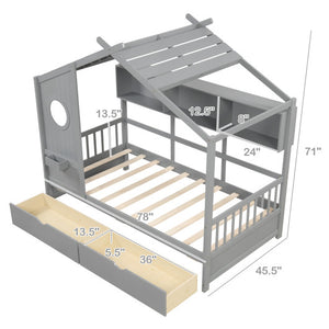 Twin Size House Bed with 2 Storage Drawers and Fence Guardrails-Gray