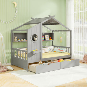 Twin Size House Bed with 2 Storage Drawers and Fence Guardrails-Gray