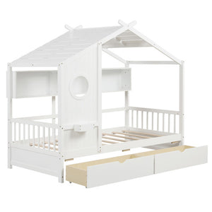 Twin Size House Bed with 2 Storage Drawers and Fence Guardrails-White