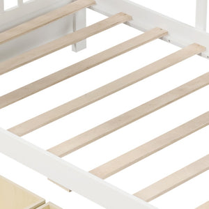 Twin Size House Bed with 2 Storage Drawers and Fence Guardrails-White