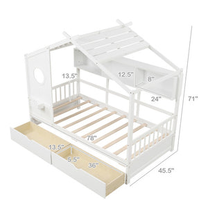 Twin Size House Bed with 2 Storage Drawers and Fence Guardrails-White
