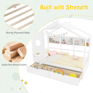 Twin Size House Bed with 2 Storage Drawers and Fence Guardrails-White