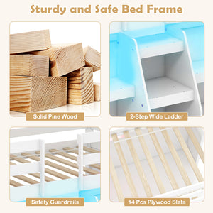 Twin Size Loft Bed with LED Lights with Staircase and Safety Guardrail-White