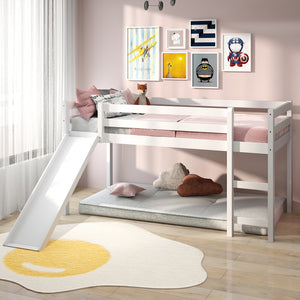 Twin Size Low Sturdy Loft Bed with Slide Wood-White