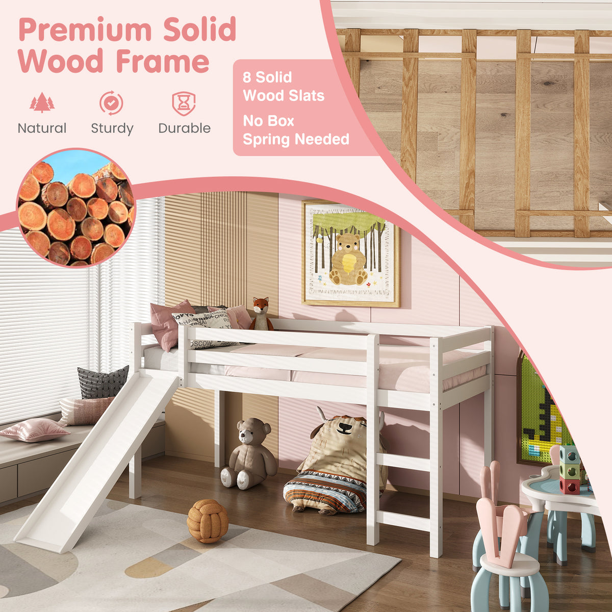 Twin Size Low Sturdy Loft Bed with Slide Wood-White