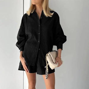 Lantern Sleeve Loose Shirt and Short Set 2 Piece Outfits