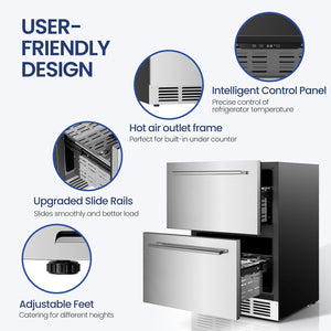 Under Counter Refrigerator, 24 Inch Double Drawer Beverage Fridge F58145