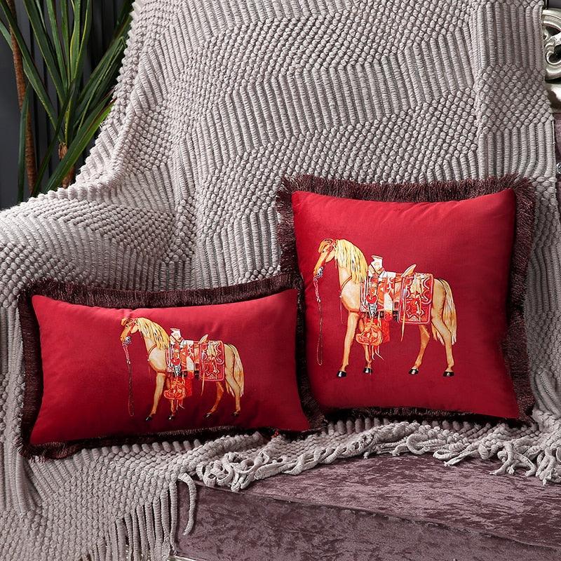 Unique Designed European American Luxury Printed Polyester Cushion Cover Horse printed Lumbar Cover Tassel Edge Modern Throw Pillow Covers Square Decorative Set Cushion Covers For Home Bed Couch Sofa Bench
