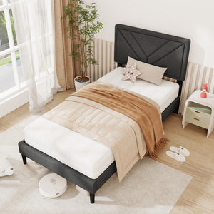 Upholstered Platform Bed with Tufted Headboard and Wooden Slats-Twin Size