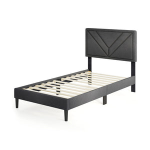 Upholstered Platform Bed with Tufted Headboard and Wooden Slats-Twin Size
