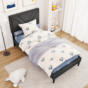 Upholstered Platform Bed with Tufted Headboard and Wooden Slats-Twin Size