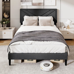Upholstered Platform Bed with Tufted Headboard and Wooden Slats-Full Size
