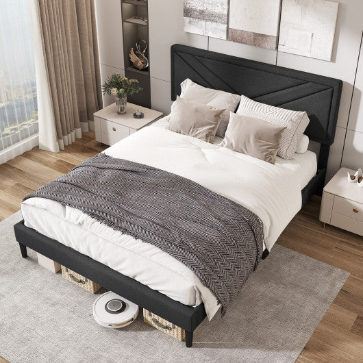 Upholstered Platform Bed with Tufted Headboard and Wooden Slats-Queen Size