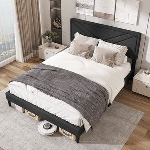 Upholstered Platform Bed with Tufted Headboard and Wooden Slats-Queen Size