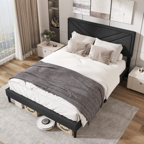 Upholstered Platform Bed with Tufted Headboard and Wooden Slats-Queen Size