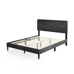Upholstered Platform Bed with Tufted Headboard and Wooden Slats-Queen Size