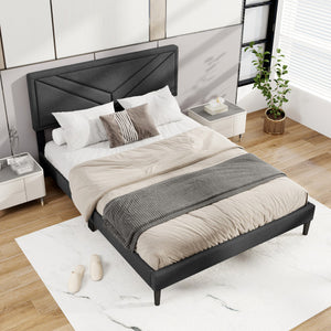 Upholstered Platform Bed with Tufted Headboard and Wooden Slats-Queen Size