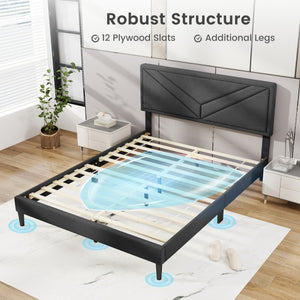 Upholstered Platform Bed with Tufted Headboard and Wooden Slats-Queen Size