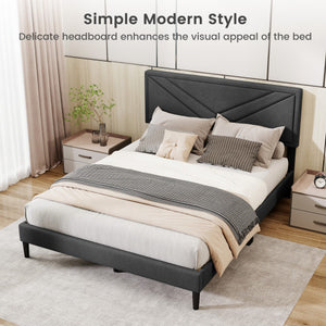 Upholstered Platform Bed with Tufted Headboard and Wooden Slats-Queen Size