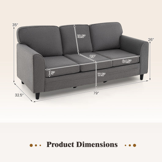 Upholstered Teddy Velvet 3-Seat Sofa with Comfy Back Pillows-Gray
