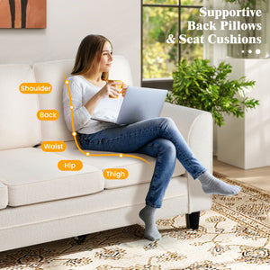 Upholstered Teddy Velvet 3-Seat Sofa with Comfy Back Pillows-White