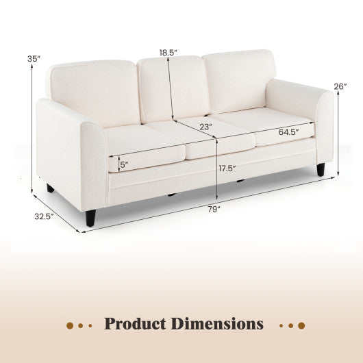 Upholstered Teddy Velvet 3-Seat Sofa with Comfy Back Pillows-White